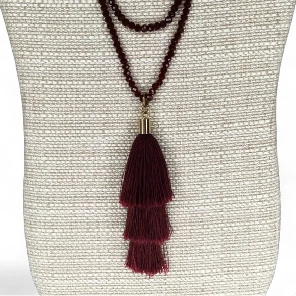 Garnet Red Faceted Crystal Necklace w/ Layered Tassels – 36” Long - Picture 7 of 15